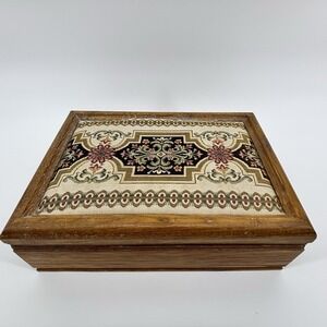 Vintage London Leather Jewelry Box Floral Tapestry Oak Wood Gold Felt Tray Japan